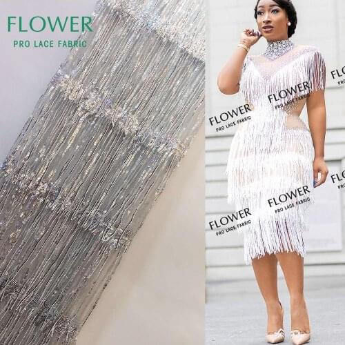 Silver Sequined Tassel Net Lace Fabrics African High Quality 2010 Nigerian Sequins Mesh Tulle Lace Prom Wedding Dress Material