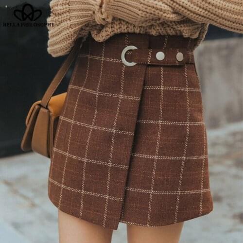 Bella Philoophy Vintage High Waist Plaid Skirts Preppy Style Female A-Line Skirts Thickened Woolen Sashes Female Mini Skirts