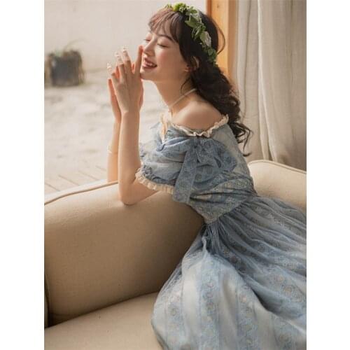 Women French Romantic Retro Lace Dress Sexy Slash Neck Short Puff Sleeve Slim Waisted Fairy Dress Vintage A Line Party Dress