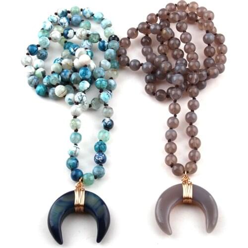 Fashion Bohemian Tribal Jewelry Semi Precious Stones Long Knotted Stone Moon Pendant Necklaces Women Ethnic Necklace