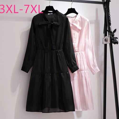 2021 spring autumn plus size dress for women large loose casual long sleeve bow V neck dresses black pink 3XL 4XL 5XL 6XL 7XL