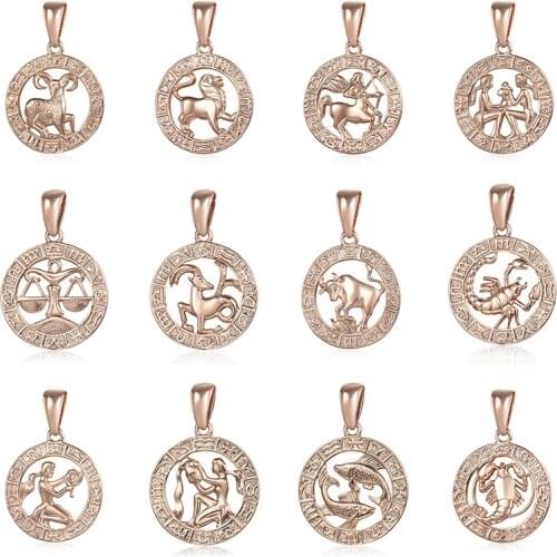 12Pcs/Lot 585 Rose Gold Filled Pendant Sets Twelve Constellation Zodiac Sign Pendants Horoscope Charm Wholesale Jewelry