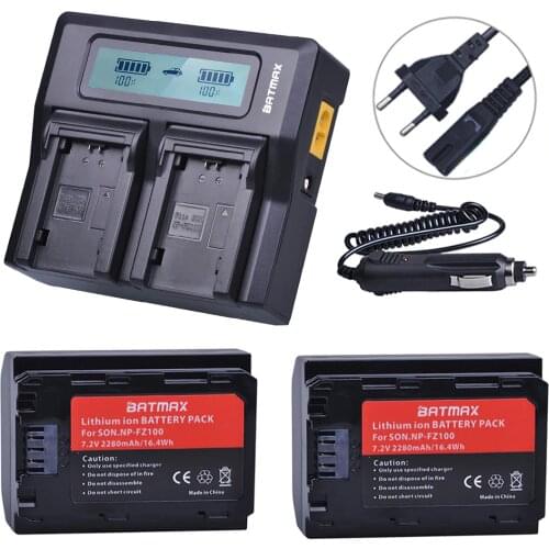 2Pc NP-FZ100 NP FZ100 NPFZ100 Battery + AC Rapid LCD Dual Charger for Sony Alpha 9 A9 9R A9R 9S A9S A7RIII A7R3 7RM3 A7m3