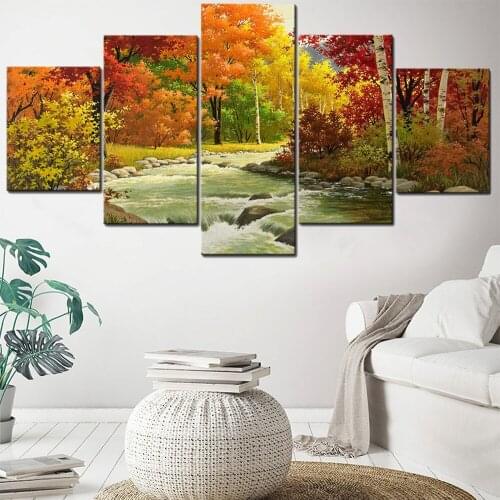 5 Pieces Wall Art Canvas Painting Landscape Poster Mountain Stream Modern Living Room Bedroom Home Decoration Framework Modular