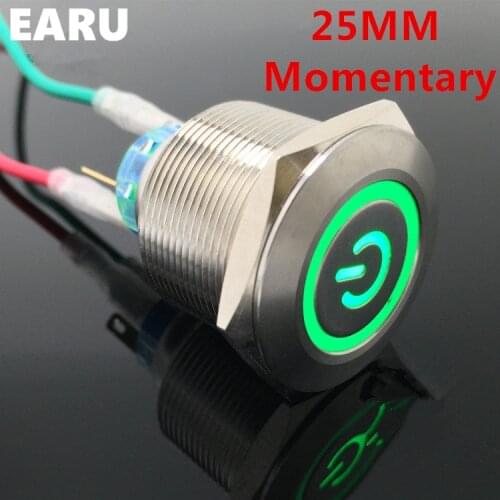 6Pin 1NO 1NC 25mm Metal Stainless Steel Momentary Doorebll Horn LED Push Button Switch Car Auto Engine Start PC Power Symbol