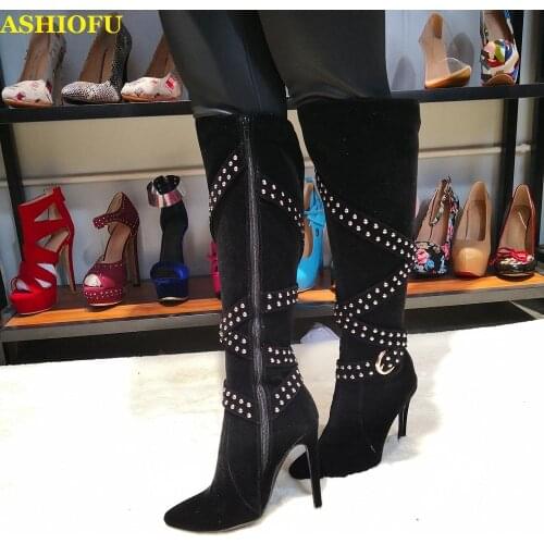 ASHIOFU Handmade Real-pics Ladies High Heel Boots Crystals Straps Party Prom Knee Boots Sexy Evening Club Fashion Winter Boots