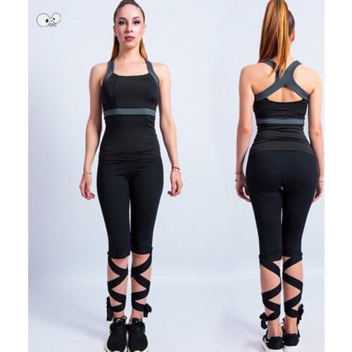 Quick Dry Capris Leggings+Sports Bra 2 Pcs Women Yoga Set High Waist Elastic Bandage Gym Fitness Cross Tie Tights Running Set