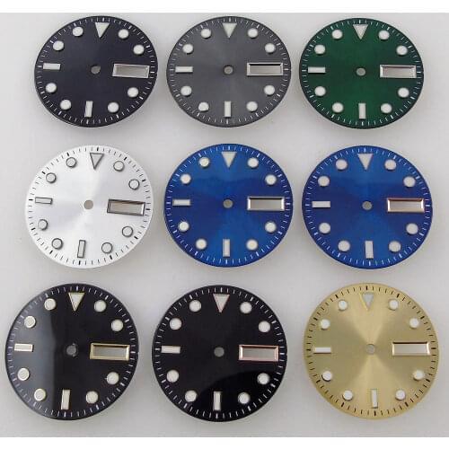 New 29mm Steel Green Luminous Marks Sunburst Silver/Gold/Green /Black Watch Dial Face fit NH36A Double Date Window