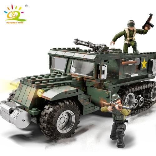 HUIQIBAO 499pcs Army WW2 Half-Track Armored Vehicle Building Blocks For Children Military Truck Soldier Figures Bricks Car TOYS