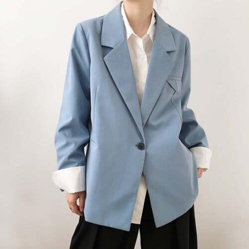 Elegant Women Single Button Blazer Jacket 2021 Autumn Winter Loose Office Wear Long Sleeve Female Solid Suit Jacket BL8019