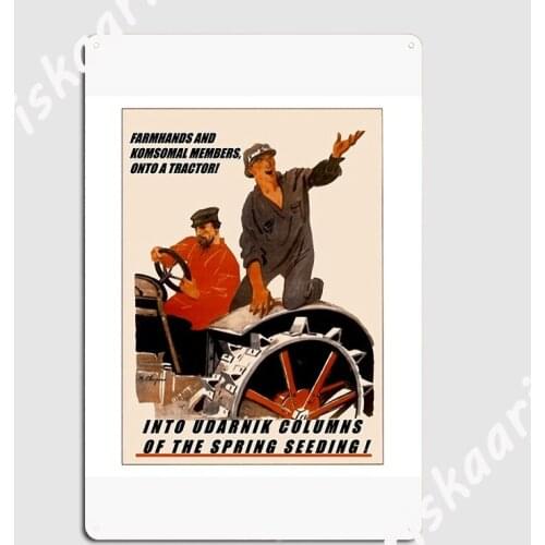 Farmhands And Kosomol Members Onto A Tractor 1931 English Poster Metal Plaque Painting Décor Club Bar Tin sign Posters
