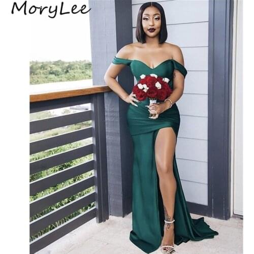 Fashion Bridesmaid Dresses African Off The Shoulder Sweep Train Side Slit Silk Satin Pleated Wedding Party Bridemaid Dresses