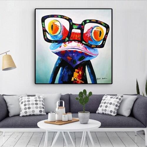 Cartoon Big Head Frog Canvas Painting With Glasses Animal Oil Painting Poster Wall Art Modern Picture For Living Room Home Decor