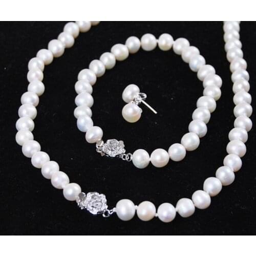 NEW 7-8mm White Freshwater Cultured Pearl Bracelet Necklace EarringsSet