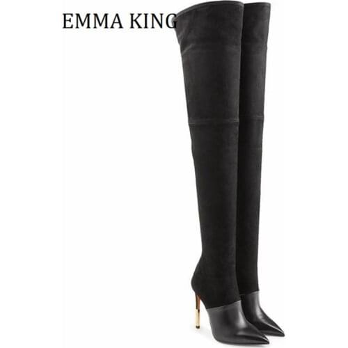 Autumn Winter Women Suede And Leather Over-the-knee Boot Pointed Toe 12cm Thin High Stilettos Runway Party Nightclub Dress Shoes