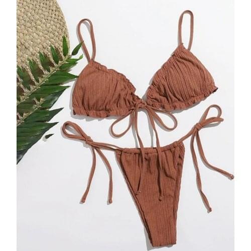 Sexy Women Swimsuit Skin-friendly Wireless Spaghetti Strap Bandage Two Piece Solid Color Backless Triangular Bikini for Beach