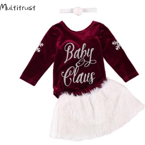 Toddler Kids Baby Girls Christmas Clothing Newborn Girls Long Sleeve Letter Print Romper+Tutu Skirts+Headband Warm Outfits