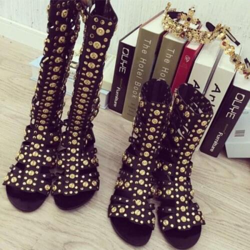 Casual Flats Gladiator Sandals Roman High Boots Women 2021 Summer Hollow Fish Mouth Black Genuine Leather Womens Shoes Sandal