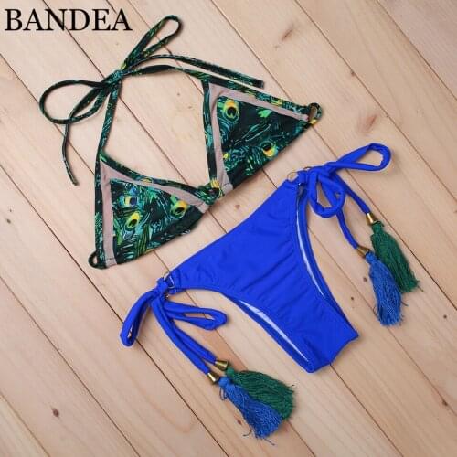 BANDEA Sexy Women Print Bikini Deep Blue Biquini Handmade Fringe Swimwear Summer Style Swimsuit Bathing Suit Beach Swimsuit