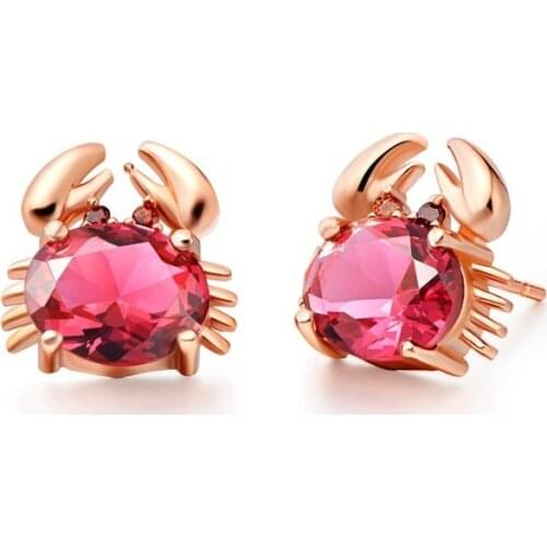 Small Crab Girls Earrings Rose Gold Filled Blue / Red Crystal CZ Stud Earrings for Children Kids Baby
