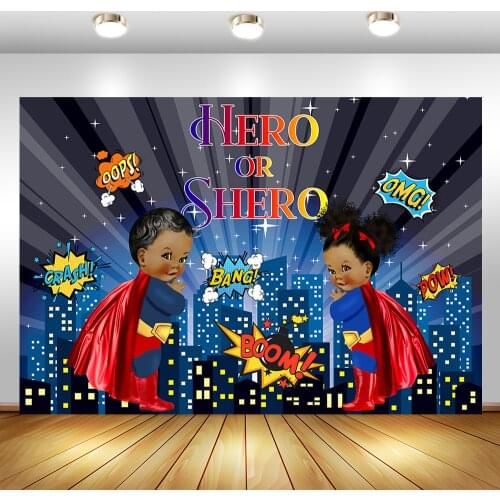 Super hero Theme Gender Reveal Backdrop Hero Or Shero Gender Surprise Photography Background Building Baby Shower Decor Supplies