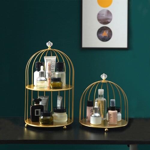 Bird Cage Shape Storage Rack Wrought Iron Multi-layer Shelf Home Desktop Cosmetic Orgainer Holder Home Decoration Golden