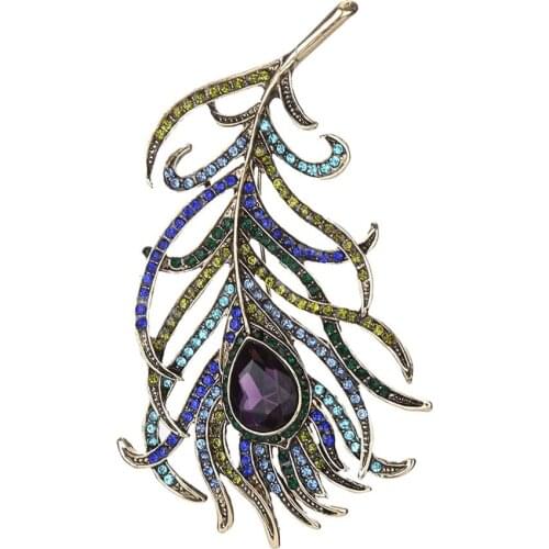 Vintage Feather Bronze Brooch Pin Antique Women Brooch Pin Gold Plating Arabesque Rhinestone Turkish Brooch Lapel Scarf Broches