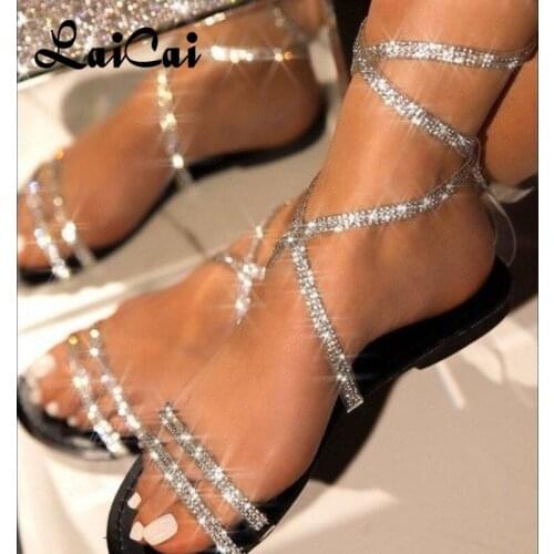 Shoes for Women 2021 Summer New Stylish Sandals Flat Heel Plus Size Strap Open Toe Rhinestone Flat with Bling Lady Sandals Shoes