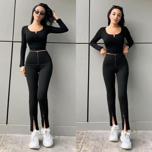 Womens Solid Color High Waist Slim Slit Casual Pants Black