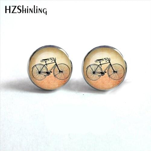 NES-00117 Vintage Bicycle Earrings Bicycle Ear Studs High Wheel Bicycle Art Photo Glass Dome Earring Gifts Women HZ4