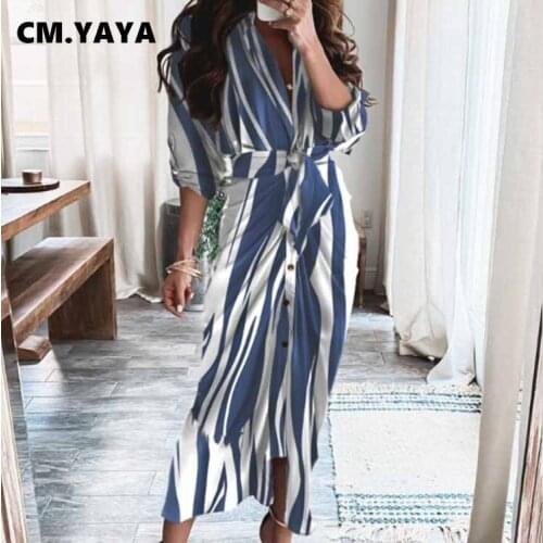 CM.YAYA Women Long Dress Print Full Sleeve V-neck Bandage Sashes Stacked Single Breasted Dresses Sexy Fashion Outfit Autumn 2021