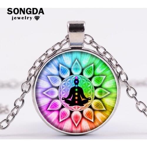 SONGDA New Fashionable and Colorful Yoga Necklace Mandala Lotus Om Symbol Buddhism Zen Round Photo Necklace India Style Jewelry