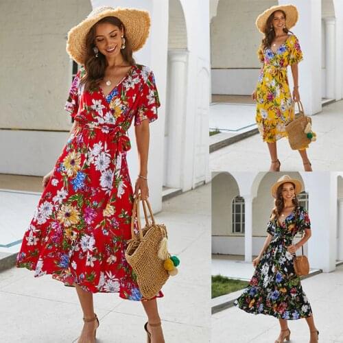 Boho Flower Print Summer Women Dress Ruffle V Neck Sashes Beach Long Ladies Dresses Sundress Fashion Grace Women Clothes Dress
