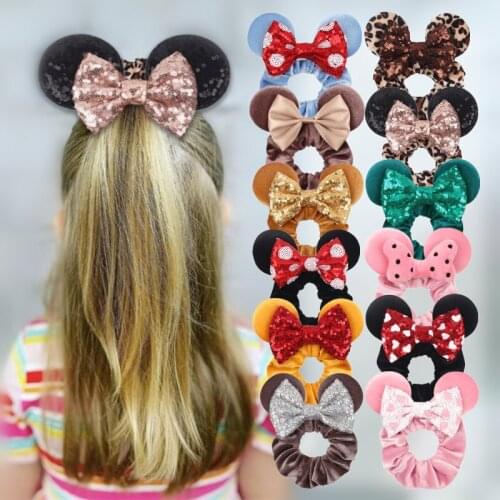 10pcs/Lot Hot Sales Mouse Ears Sequins Bows Hair Rope Women Velvet Scrunchies Hair Bands For Girls Fashion Party DIY Accessories