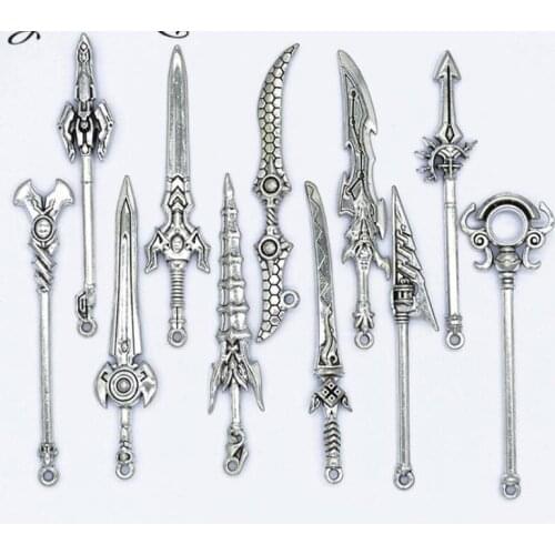 100pcs Tibetan Silver Color crated Games Weapons sword design pendant charms
