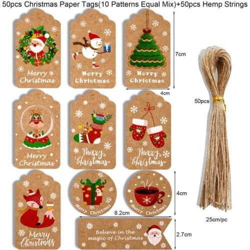 50 PCS/Set Christmas Tags Kraft Paper Christmas Tag Cards Christmas Hanging Ornaments Tag with Hemp rope