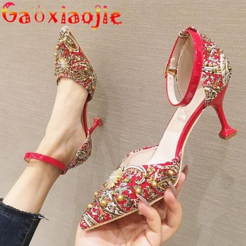 Chinese Style Cotton Fabric Sandals Glittering Diamond Bride Full Dress Red High-Heels Fashion Cover Heel Women Office Shoes