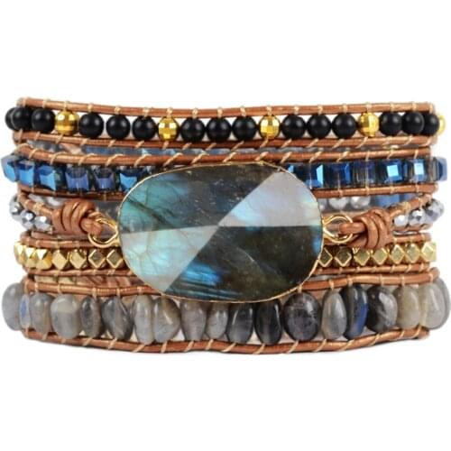 Boho Women Wrap Bracelet Natural Stones 5 Times Leather Strap Bracelets Labradorite Multi layers Beaded Bracelet Dropshipping