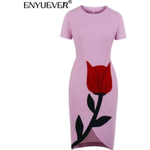 Enyuever Elegant Women Dress Summer Clothing Short Sleeve Floral Sheath Bodycon Fitted Pencil Formal Party Office Ladies Dresses