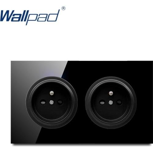 Wallpad Dual EU French Wall Power Socket Crystal Tempered Pure Black Glass Panel Outlet Grounded 146*86mm