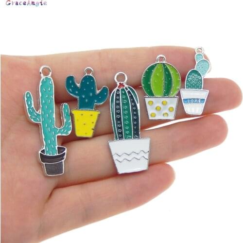 GraceAngie 5PCS Mixed Enamel Plant Potted Cactus White K Tone Charms Necklace Pendant Findings DIY Jewelry Making Accessory