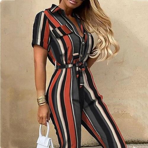Summer Casual Lapel Short Sleeve Stripe Slim Jumpsuit With Belt Women Fashion Button Printed Tooling Overalls Lady Rompers Femme