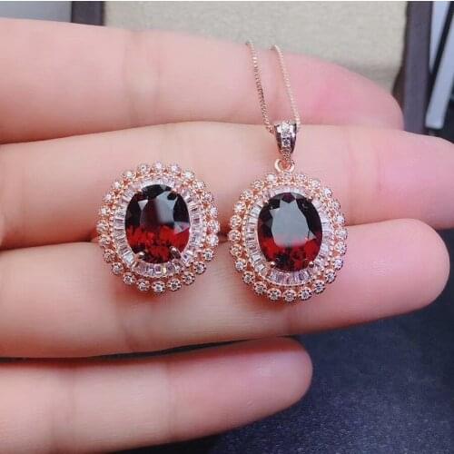 100% Real Natural Natural real red garnet luxury style jewelry set 1pc ring 1pc Pandant 925 sterling silver