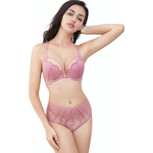 Ningsige Women Sexy Floral Lace Front Closure Underwear Y-line Straps Bra Sets