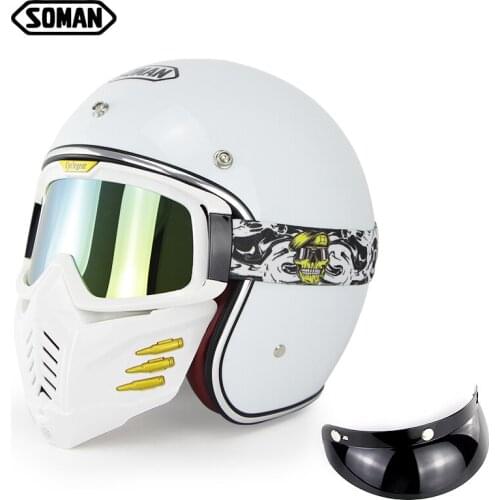 SOMAN Men Motorcycle Glasses Helmet Cafe Racer Retro Motorcycle Helmet with Mask Goggles DOT Open Face Capacete Vintage Casco