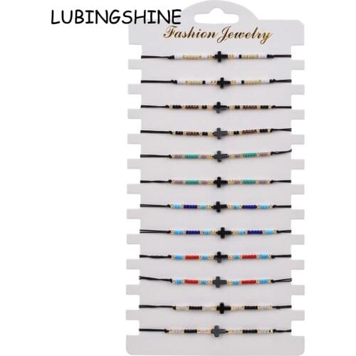 Boho 12pcs/lot Hematite Fatima Hand Cross Heart Charms Bracelet Set for Couples Women Adjustable String Seed Bead Anklet Jewelry