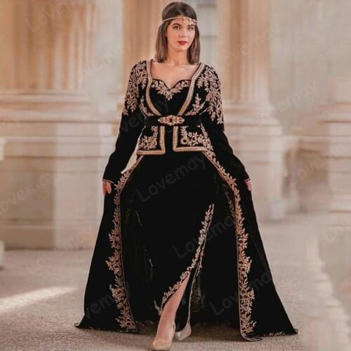 Velvet Karakou Algerian Muslim Evening Dresses Appliques Lace Long Sleeves Prom Gowns 4 Pieces Removable Skirt Party Dress