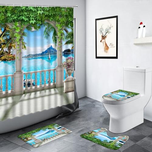 Seaside City Scenery Shower Curtain Creative Window Ocean Sailboat Flowers Green Plant Bathroom Non-slip Rug Toilet Bath Mat Set