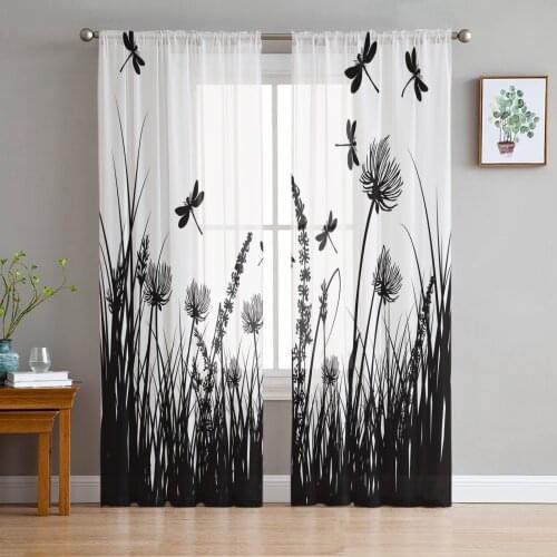 Black Flower Grass Dragonfly Sheer Curtains for Living Room Tulle Curtain for Bedroom Kitchen Window Voile Curtains