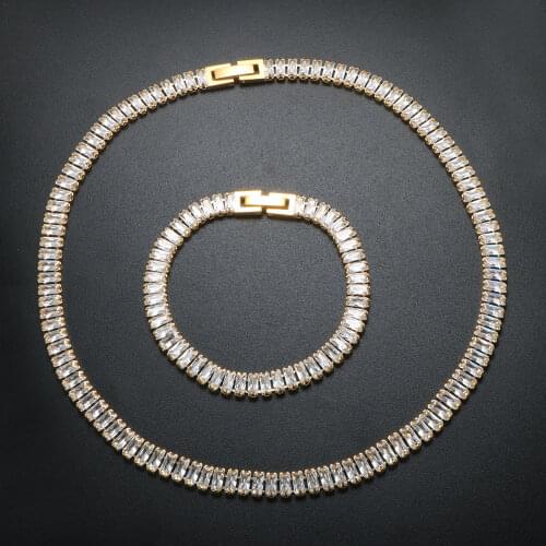 Luxury Jewelry Set Square Zircon Choker Necklace Shinny Full Stone Bracelet Dangle Crystal Earrings For Women Wedding Jewelry